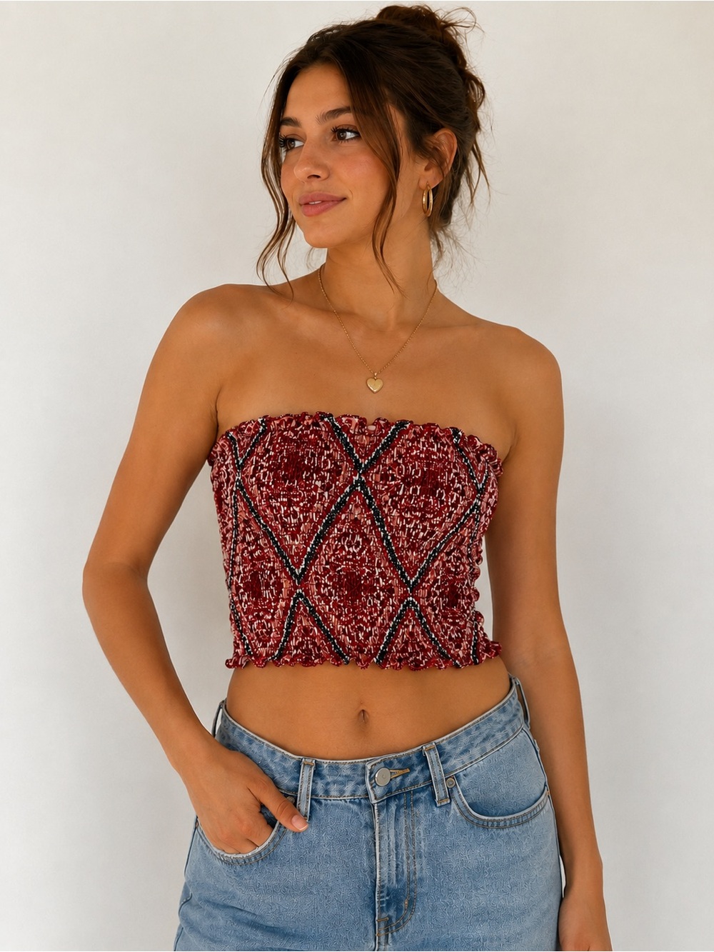 Streetwear Society Red Strapless Smocked Diamond-Pattern Crop Tube Top Festival